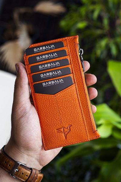 Garbalia Blush Genuine Leather Zippered Orange Unisex Card Holder Wallet