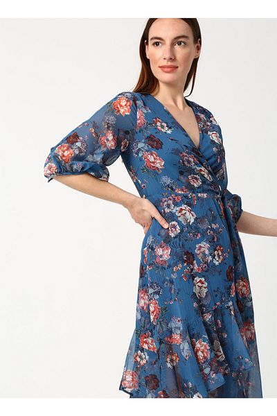 Koton Rochie albastră cu model floral la două piept