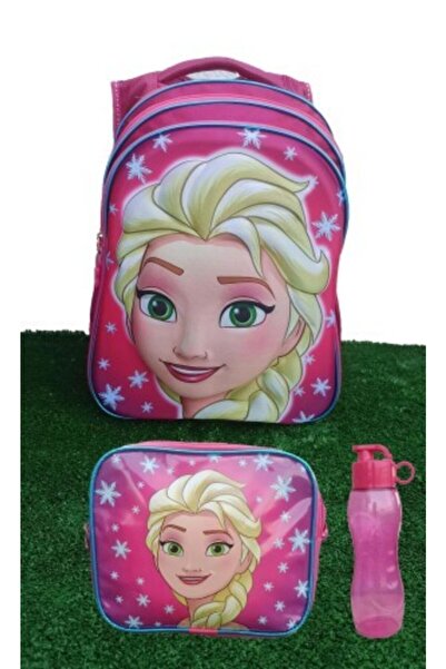 Furkan Mavi Kabartmalı Elsa Frozen Okul Çantası 3 Gözlü Beslenme suluk Hediyeli