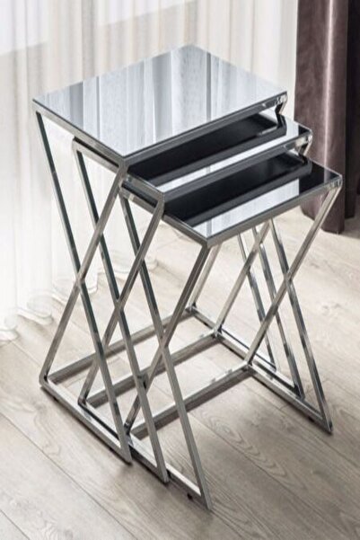 Dinç Metal Sehpa Dinç Metal X Zigon Sehpa Krom Metal Füme Cam