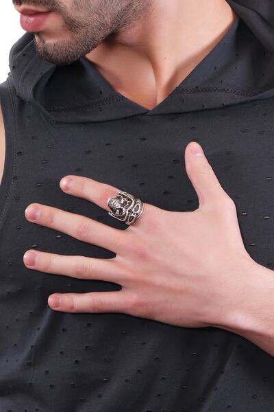 LABALABA Erkek Antik Gümüş Kaplama Ayarlanabilir Gotik Kurukafa pilot Yüzük