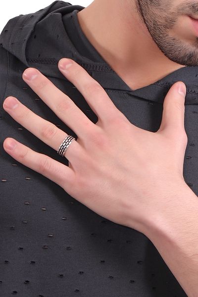 LABALABA Men's Antique Silver Plated Adjustable Wall Printed Ring