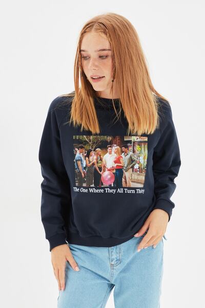 Trendyol Collection Granatowa, podstawowa, dzianinowa bluza z podwyższonymi n...