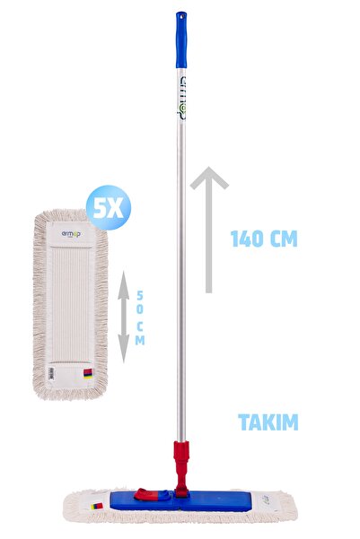 Ermop Yüzey Temizliği Nemli Mop Kuruluma Seti Mop Aparatı Alüminyum Sap 140 Cm Ve 5 Adet Nemli Mop 50 Cm