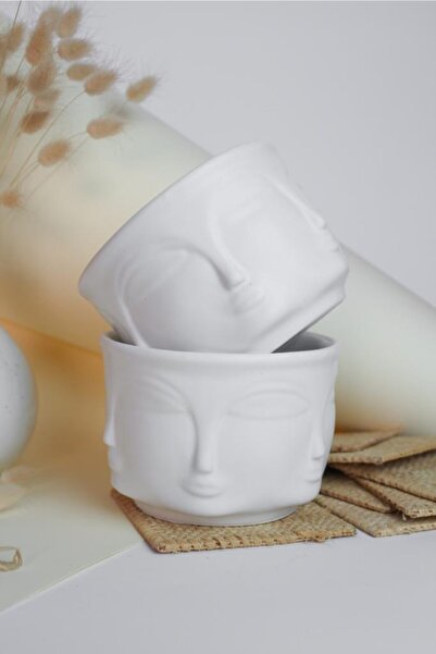 CMHOME 2li Beyaz Renk Modern Handmade Face Beton Saksı,vazo,kalemlik (9,5cm- ...