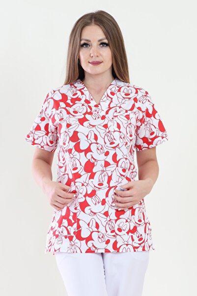 ModaCanel سترة علوية من الجيرسيه الطبية منقوشة باللون الأحمر ميكي للنساء برقبة على شكل حرف V