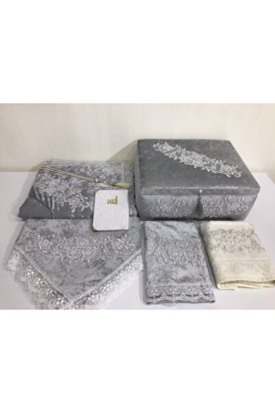 Lamazihome Gri 7 Parça Çeyizlik Kadife Seccade Seti Seccade Takımı