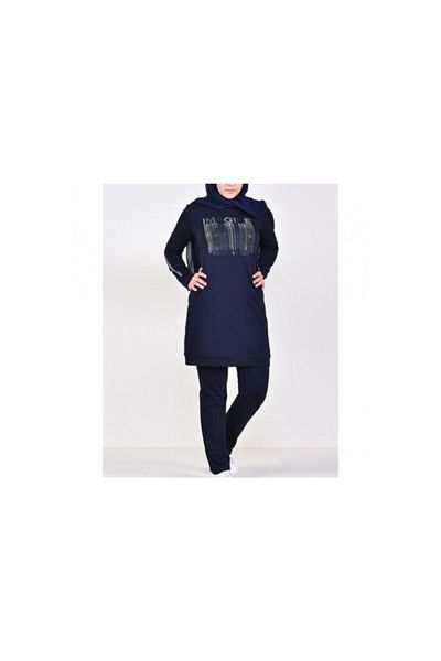CNG MODA Women's Battal Stone Navy Blue Hijab Tracksuit Set