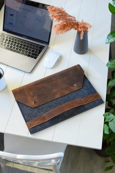 DK LEATHER Unisex Kahve Amon Hakiki Deri Ve Keçe Macbook Pro 13 Inc/ Macbook ...