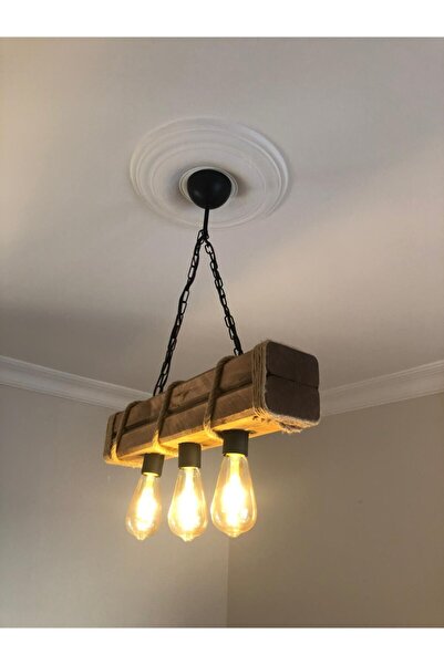 Genel Markalar Kahverengi ahşap kütük detaylı üçlü avize şık ve doğal aydınlatma seçeneği