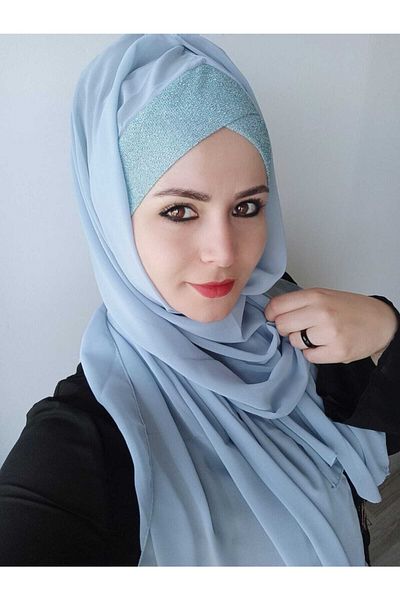 BAV Butik Ayvitrin Women's Hijab Single Strap Glittered Ready Trend Shawl Baby Blue