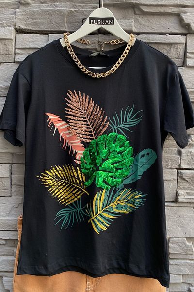 FEMELLE Tricou de damă din bumbac brodat cu paiete și model de frunze negre