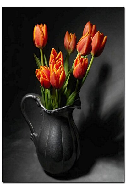 Cakatablo Ahşap Tablo Siyah Vazoda Turuncu Laleler (35x50 Cm Boyut)