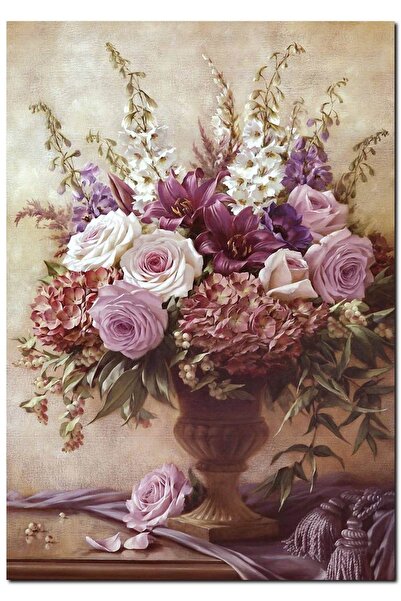 Cakatablo Ahşap Tablo Mermer Vazo Içindeki Karışık Çiçekler (35x50 Cm Boyut)