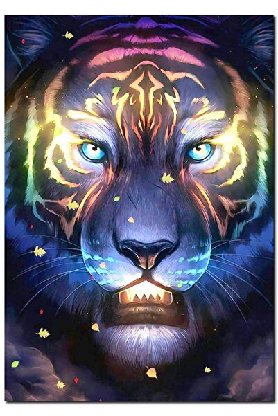 Cakatablo Ahşap Tablo Neon Işıklı Detaylarıyla Kaplan Başı (25x35 Cm Boyut)