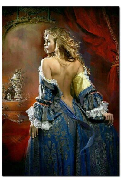 Cakatablo Ahşap Tablo Derin Sırt Dekolteli Lacivert Elbiseli Sarışın Kadın (50x70 Cm Boyut)