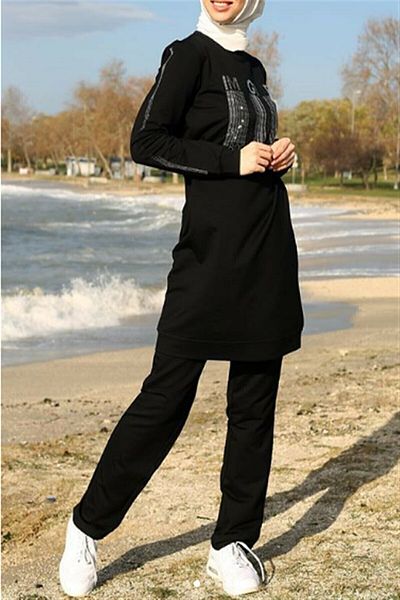 CNG MODA Women's Stoned Black Hijab Tracksuit Set