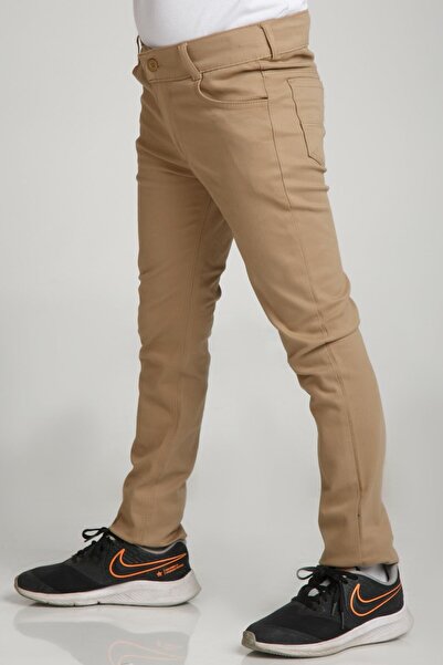 Nacar Spor Model Bej Likralı Canvas Okul Pantolon (Gizli Bel Lastikli)