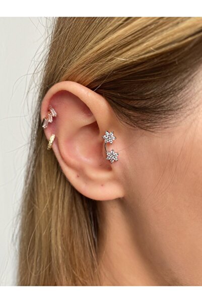 Okkostore Kadın Silver Renkli Ikili Papatya Tragus Piercing