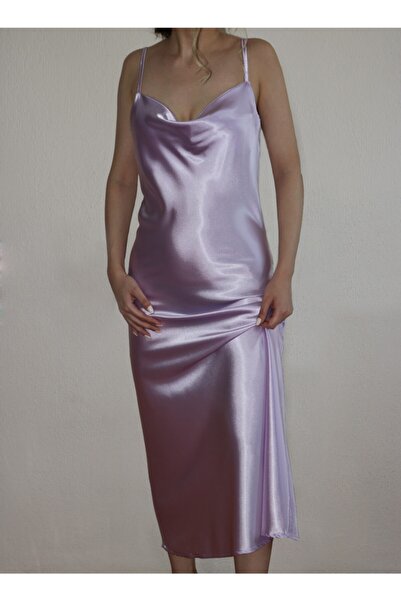 TWİN COLLECTION Saten Komisol Lila Rengi Midi Elbise