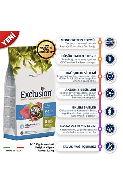 Exclusion Monoprotein Düşük Tahıllı Ton Balıklı Ve Narlı Küçük Irk Yetişkin Köpek Maması 7 Kg