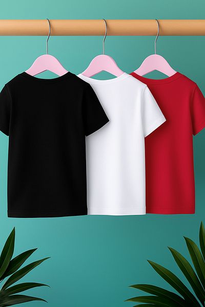 TRENDYOLKIDS Černo-bílo-červené 3dílné pánské dětské 100% bavlněné základní pletené tričko s krátkým rukávem TKDSS25TS00021