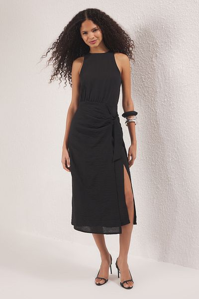 Trendyol Collection Rochie neagră țesătă midi cu șireturi drepte TWOSS25EL00777