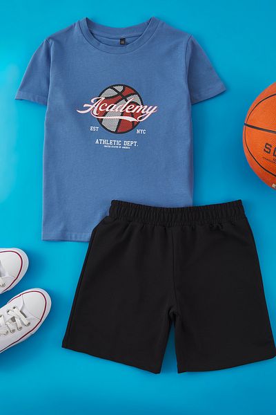 TRENDYOLKIDS Indigo férfi gyermek 100% pamut kosárlabda nyomott rövid ujjú kötött alsó felső öltöny TKDSS25AU00140