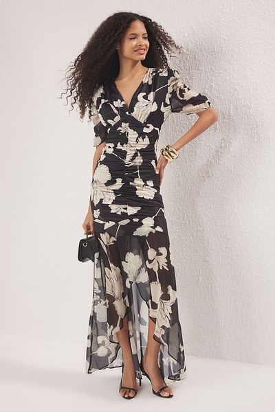 Trendyol Collection Black Floral Gather Detailed Maxi Knitted Stylish Dress Tprss25El00296