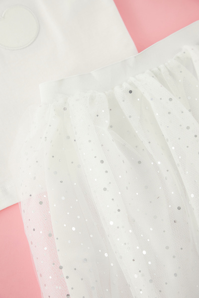 TRENDYOLKIDS Ecru Girl's 100% Cotton Cherry Detailed Tutu Skirt Knitted Bottom-Top Set Tkdss25Au00109