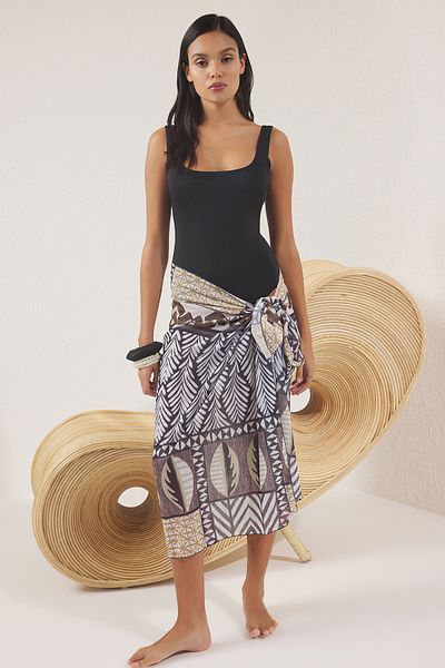 Trendyol Collection Black Square Neck Swimsuit & Ethnic Patterned Pareo 2-Piece Beach Wear Set Tbess25Js00000