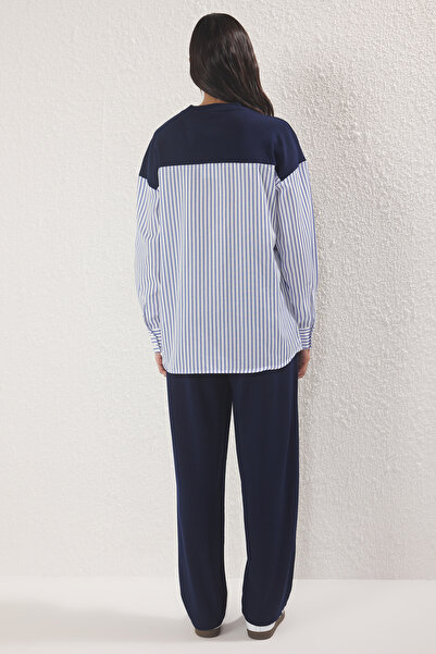 Trendyol Modest Navy Blue Striped Woven Fabric Detailed Knitted Bottom-Top Set Tctss25Us00042