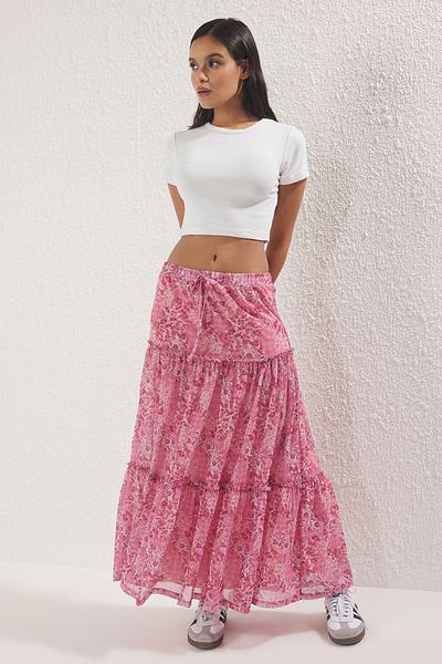 Trendyol Collection Pink Tulle Floral Printed Stretchy Skirt with Shirring/Drape Detail Twoss25Et00064