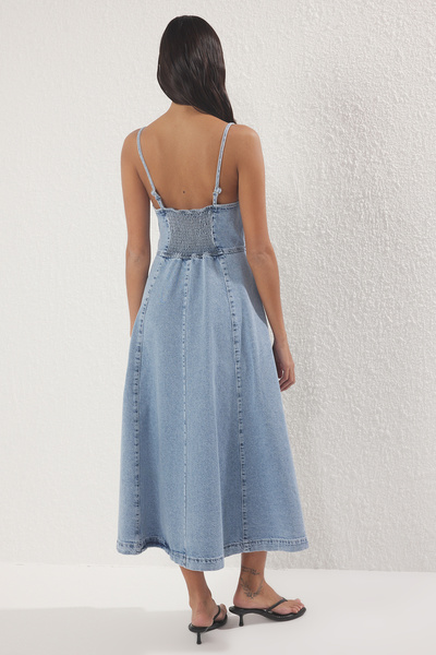 Trendyol Collection Light Blue V-Neck Strap Midi Denim Dress Twoss25El00737