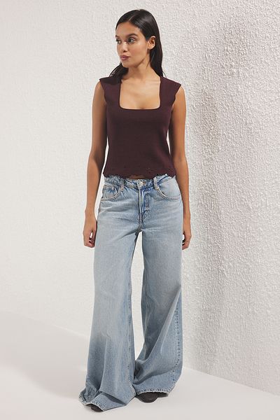 Trendyol Collection Pflaume Dicker Träger Rock Spitze Detaillierte Trikot Dünne Bluse TWOSS25BZ00513