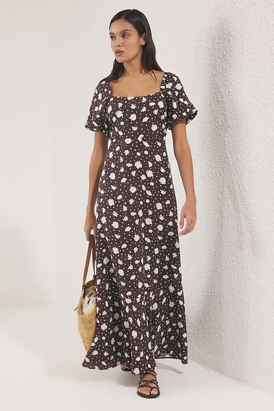 Trendyol Collection Καφέ φούστα με ανοιχτή μέση Floral Maxi υφαντό φόρεμα TWOSS25EL00577