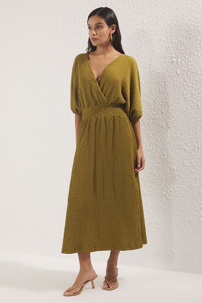 Trendyol Collection Oil Green Textured V-Neck Sleeve Waist Gipped Maxi Dress Twoss25El00830