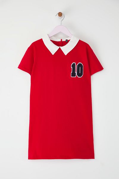 TRENDYOLKIDS Piros női gyermek 100% pamut hímzett ing gallér rövid ujjú rövid kötött ruha TKDSS25EL00090