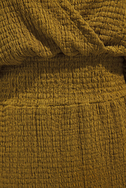 Trendyol Collection Oil Green Textured V-Neck Sleeve Waist Gipped Maxi Dress Twoss25El00830