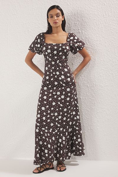 Trendyol Collection Καφέ φούστα με ανοιχτή μέση Floral Maxi υφαντό φόρεμα TWOSS25EL00577