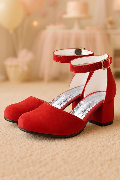 Sarıkaya Merida Red Suede Thick Heeled Girl's Heeled Shoes
