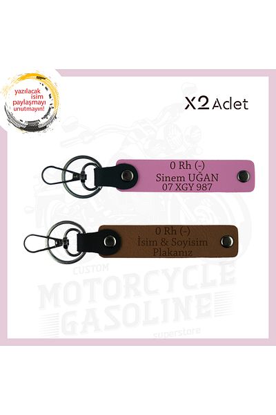 miawiki For Motorcycle Lovers, 2-Keychain with Name Plate and 0 Rh (-) Blood Type Written, Light Brown-Pink