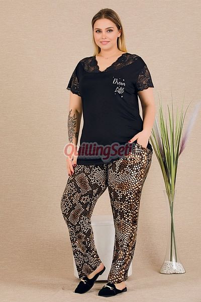 quilling Black Color and Pattern 11014 Short-Sleeve Women Plus Size Mother Pajamas Set