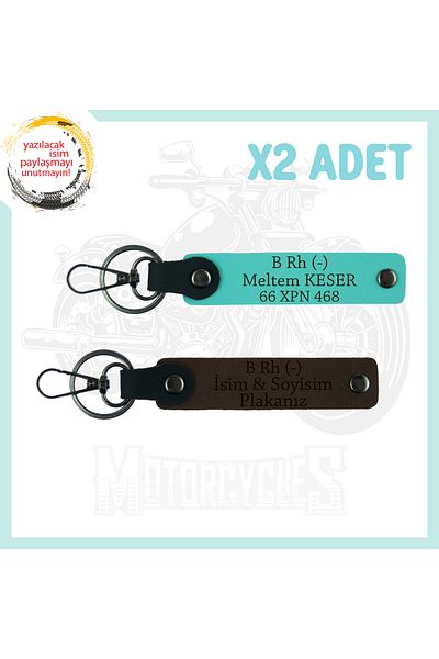 Miaju Dark Brown-Turquoise, Motor Sevene Special, Set of 2 Keychains with Name Plate and B Rh (-) Blood Group Lettering