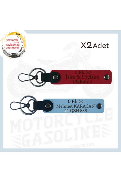 Miaju Red-Sky Blue, Biker Style Exclusive, Name Plate and 0 - Blood Group Lettering Biker Set of 2 Keychains