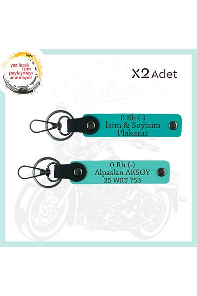 miawiki Motorcycle Lovers, 2-Piece Keychain Set with Name Plate and 0 (Rh) - Blood Type Written, K Turquoise-Turquoise