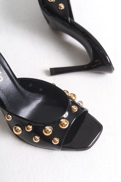 MARSEDO Emelia Γυναικείες παντόφλες με τροπικό τακούνι, μαύρο λουστρίνι