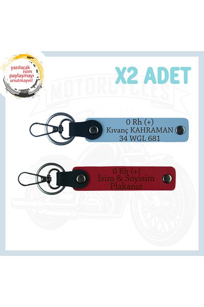 Miaju Red-Sky Blue, Exclusive for Biker Style, Motorcyclist Set of 2 Keychains with Name Plate and 0 + Blood Type Lettering