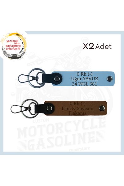 miawiki For Safe Driving, Biker Keychain with Name Plate and 0 Rh (-) Blood Type Written, Light Coffee-Sky Blue