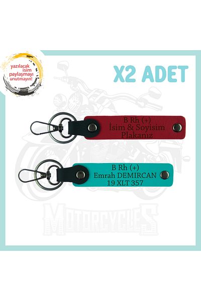 miawiki Motorcyclist Style-Specific, 2-Key Chain with Name Plate and B Rh (+) Blood Type Written, Red-Dark Turquoise